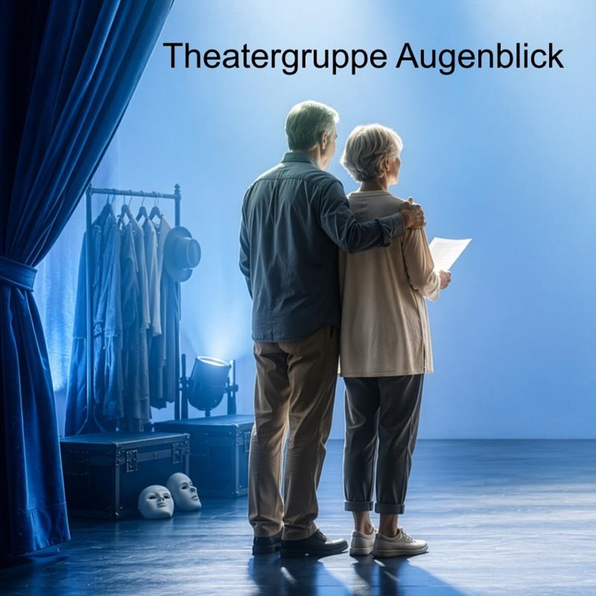 Ein Mann und eine Frau stehen auf einer Theaterbühne und schauen in die Ferne. 